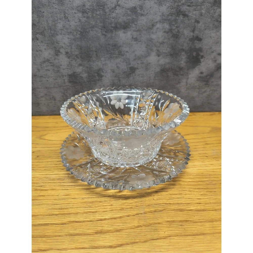 American Brilliant Period ABP Cut Glass Bowl‎ with Underplate CHIPPED See Pics